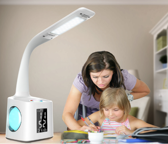 Đèn bàn LED với ổ cắm điện, lịch, hiển thị nhiệt độ, chiếu sáng cạnh giường, nghiên cứu, đọc sách cho trẻ em